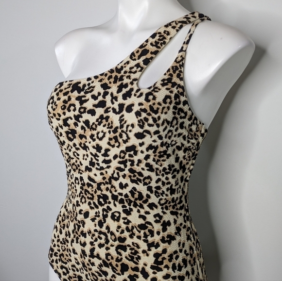 Ibiza black tan cheetah leopard print one shoulder one piece swimsuit L - Picture 2 of 11